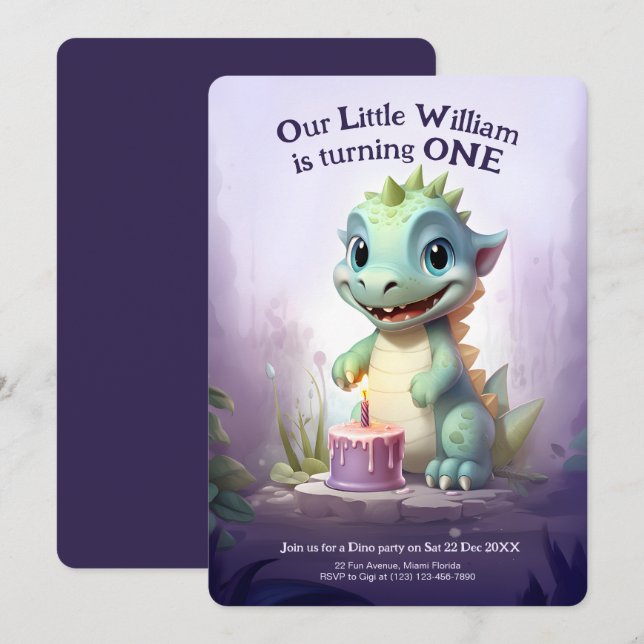 Cute Dinosaur Purple Forest | Dino Kids Birthday Invitation (Front/Back)