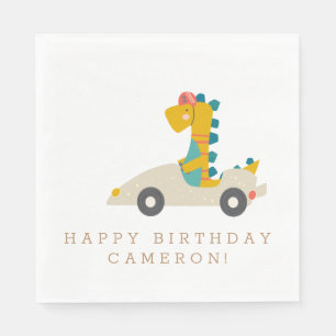 Cute Dinosaur Race Car Personalised Birthday Party Napkin