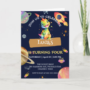 Cute Dinosaur rainbow Galaxy space birthday party Invitation