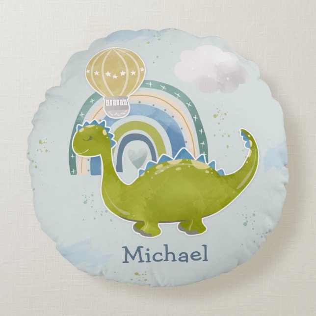 Cute Dinosaur Rainbow Green Blue Nursery Decor Round Cushion (Front)