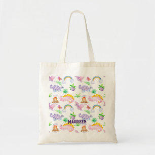 Cute Dinosaur Rainbow Watercolor Jungle Pattern Tote Bag