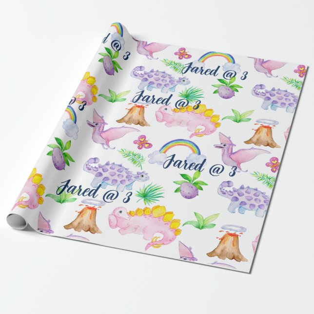 Cute Dinosaur Rainbow Watercolor Kids Birthday Wrapping Paper (Unrolled)