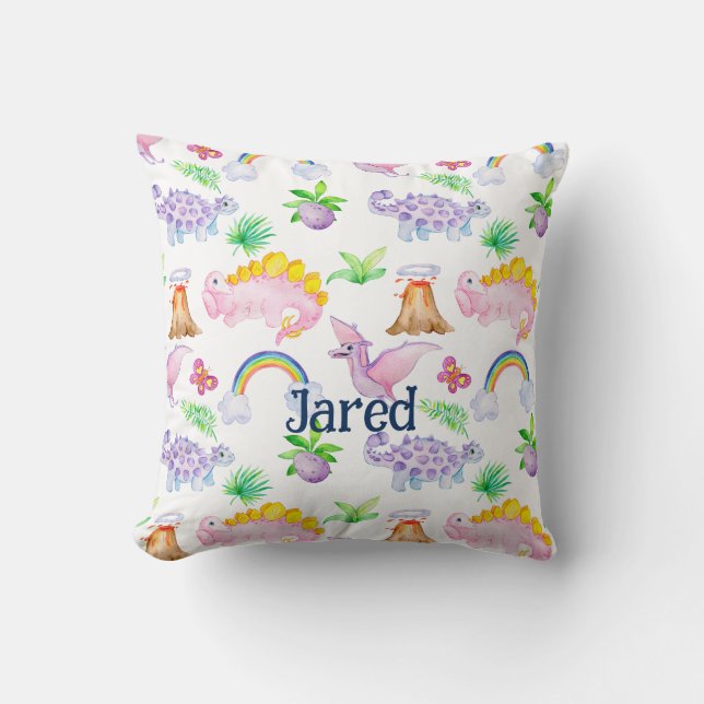 Cute Dinosaur Rainbow Watercolor Kids Jungle Cushion (Front)