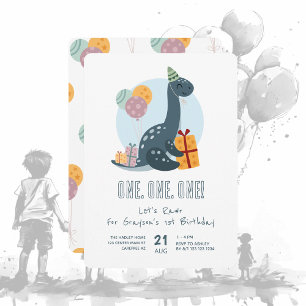 Cute Dinosaur Rawr Blue 1st Birthday Invitation