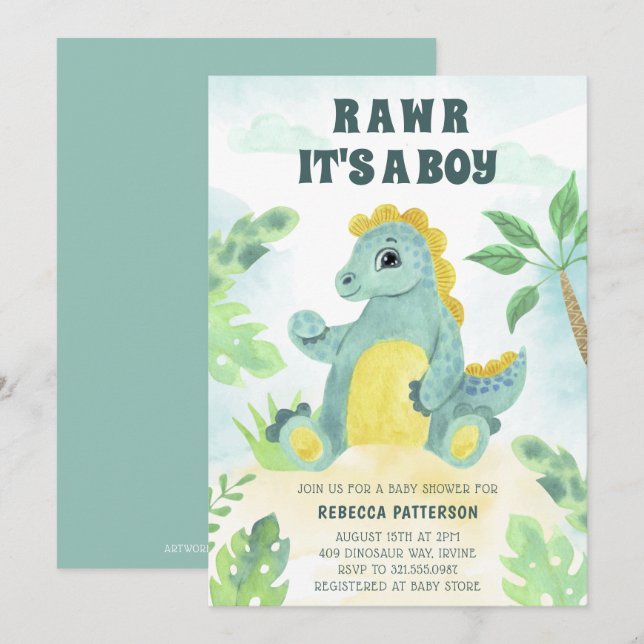 Cute Dinosaur Rawr Its a Boy Baby Shower Invitation (Front/Back)