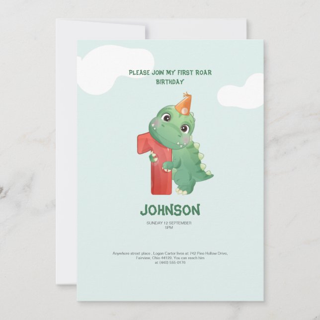 cute dinosaur rawr party 1st birthday invitation (Front)