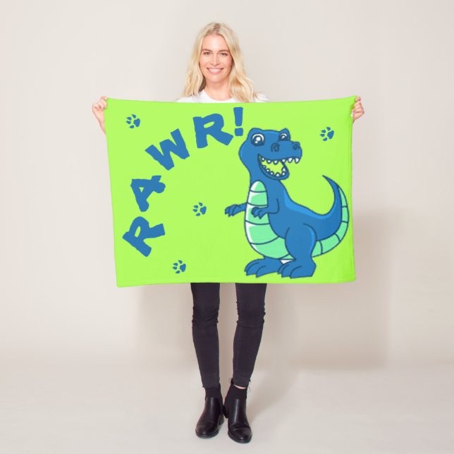 Cute Dinosaur  RAWR Paw Green Blue Kids Fleece Blanket (In Situ)