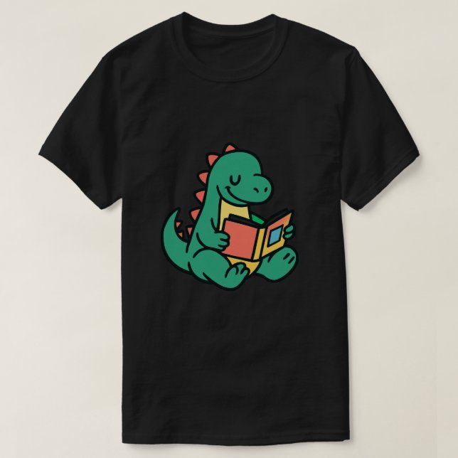 Cute Dinosaur Reading a Book Illustration T-Shirt (Design Front)