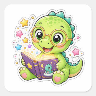 Cute Dinosaur Reading Storybook Square Sticker