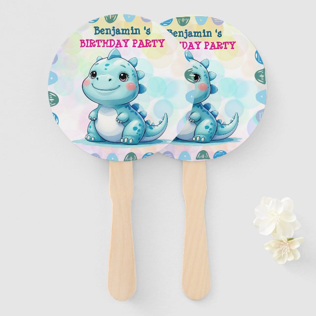 Cute Dinosaur rex Balloon Birthday Party Welcome  Hand Fan (Front and Back)