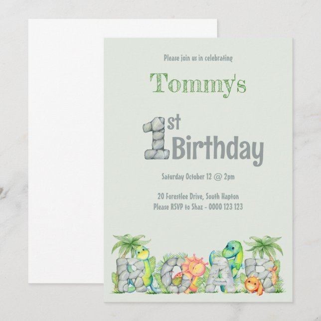 Cute Dinosaur Roar 1st Birthday Boys  Invitation (Front/Back)