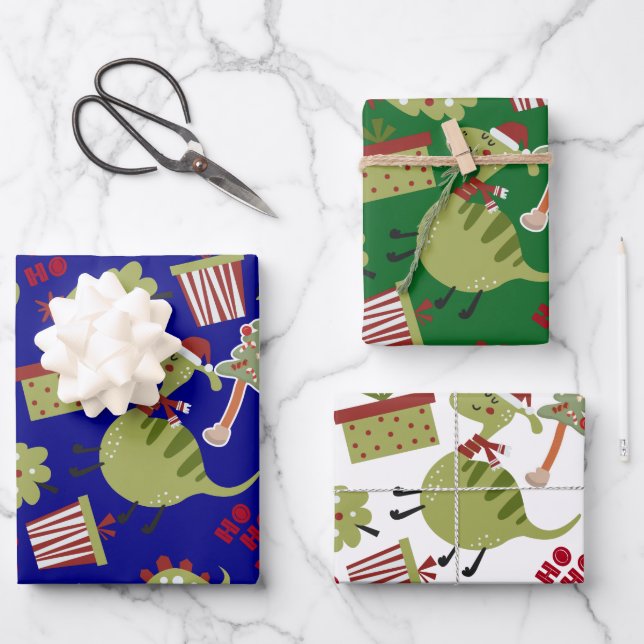 Cute Dinosaur Santa Christmas Pattern Wrapping Paper Sheet (Front)
