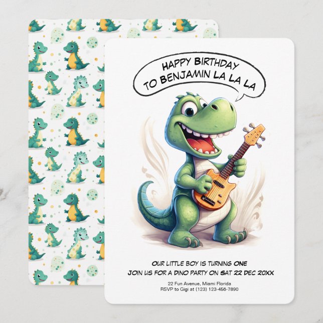 Cute Dinosaur Singing | Dino Music Kids Birthday Invitation (Front/Back)