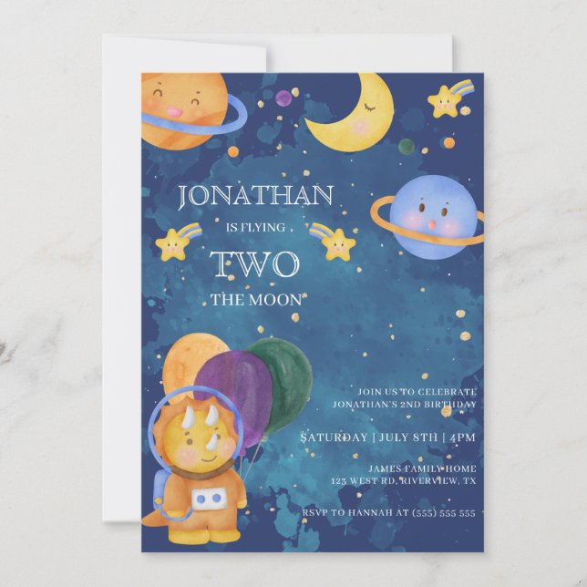 Cute Dinosaur Space Two the Moon Birthday Invitation (Front)