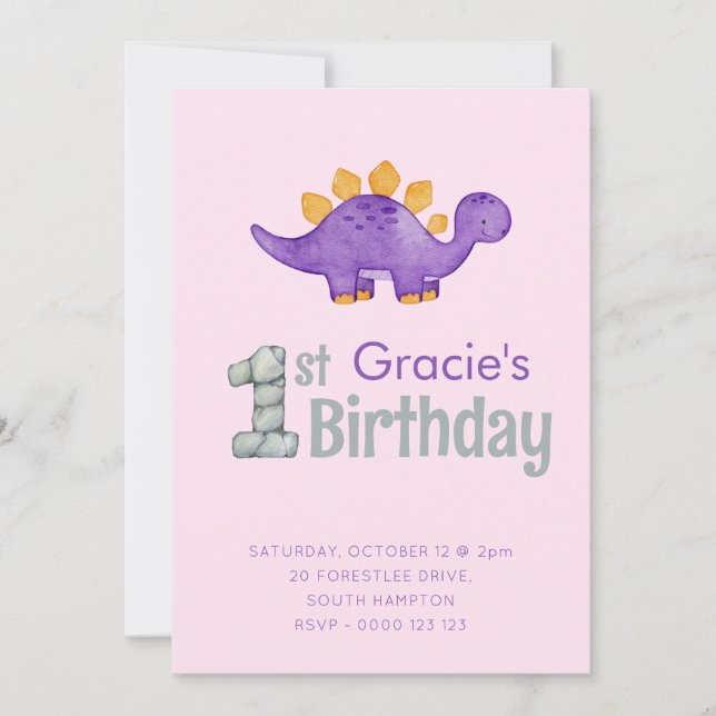 Cute Dinosaur Stegosaurus 1st Birthday Party Girls Invitation (Front)