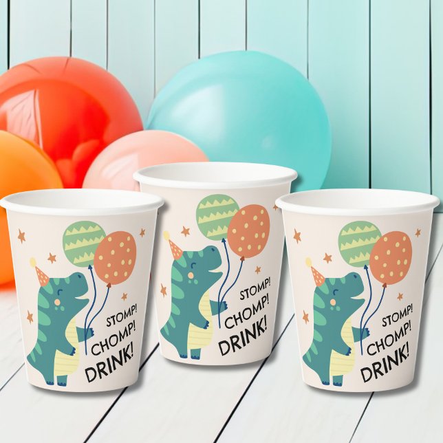Cute Dinosaur Stomp Chomp Drink Birthday Party Paper Cups (Creator Uploaded)