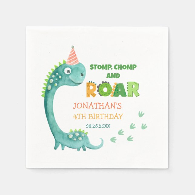 Cute Dinosaur Stomp Chomp Roar Birthday Napkin (Front)