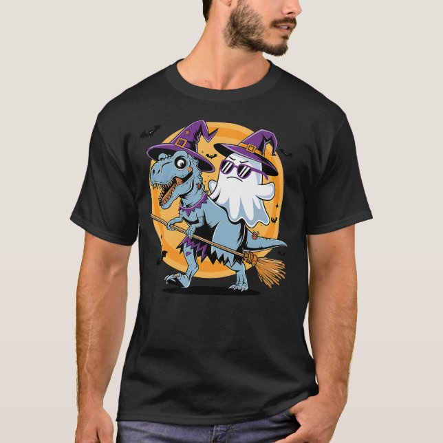 Cute Dinosaur T rex and ghost for halloween and th T-Shirt (Front)