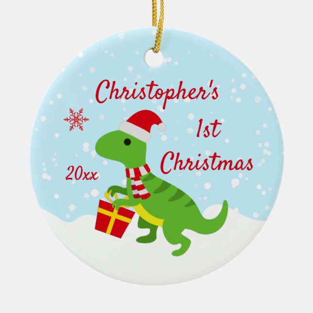 Cute Dinosaur T-Rex Baby's First Christmas Ceramic Tree Decoration (Front)