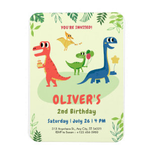 Cute Dinosaur T-rex Boys 2nd Birthday Invitation Magnet