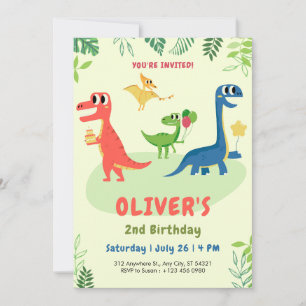 Cute dinosaur t-rex kids 2nd Birthday Invitation  