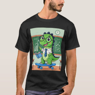 Cute Dinosaur Teacher Skateboarding In The Clroom  T-Shirt