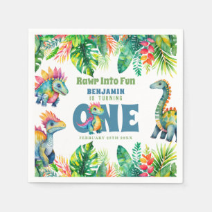 Cute Dinosaur Theme 1st Birthday Boy Watercolor Napkin