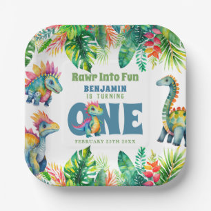 Cute Dinosaur Theme 1st Birthday Boy Watercolor Paper Plate