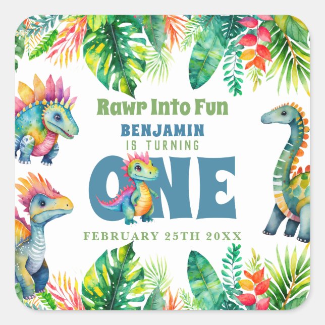 Cute Dinosaur Theme 1st Birthday Boy Watercolor Square Sticker (Front)