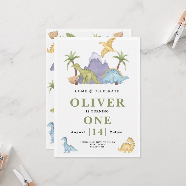 Cute Dinosaur Theme Birthday Invitation  (Front/Back In Situ)
