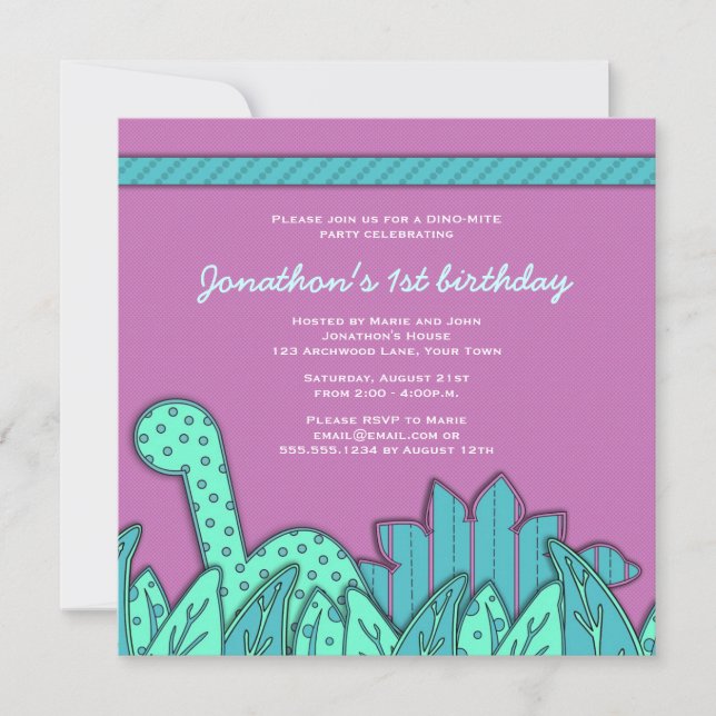 Cute Dinosaur Theme Birthday Party - Turquoise Invitation (Front)