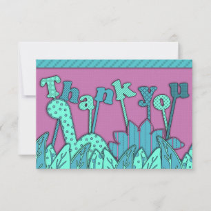 Cute Dinosaur Theme Flat Thank You Note Turquoise Card