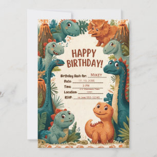 Cute Dinosaur Theme Kids Birthday Party Invitation