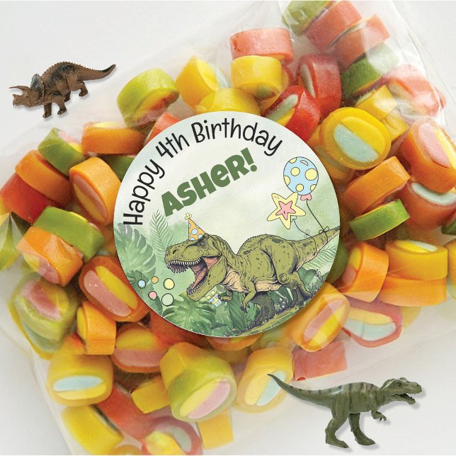 Cute Dinosaur Theme Kids Name Birthday Party Classic Round Sticker (Round dinosaur theme kids boy birthday party favor sticker, 1st, 2nd, 3rd, 4th, 5th, custom name rex)