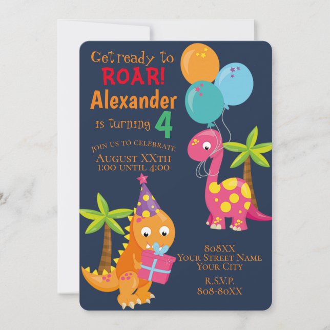 Cute Dinosaur Theme Party on Navy Blue Invitation (Front)