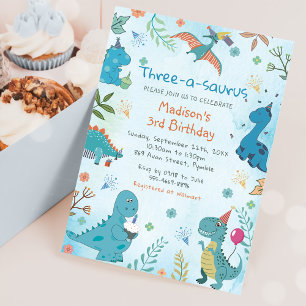 Cute Dinosaur Three-A-Saurus 3rd Birthday Invitation