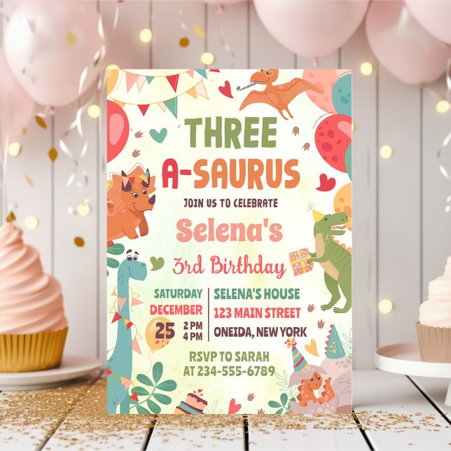Cute Dinosaur Three-A-Saurus 3rd Birthday Party Invitation (Creator Uploaded)