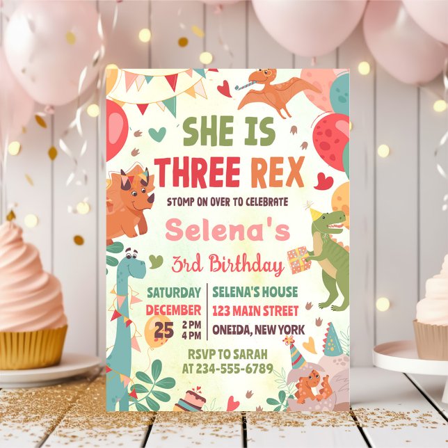 Cute Dinosaur Three Rex 3rd Birthday Party Invitation (Creator Uploaded)