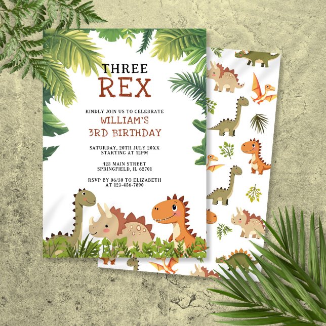 Cute Dinosaur Three Rex 3rd Birthday Party Invitation (Cute Dinosaur Three Rex 3rd Birthday Party Invitation)