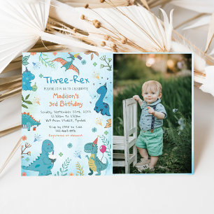Cute Dinosaur Three Rex 3rd Birthday Party Photo Invitation