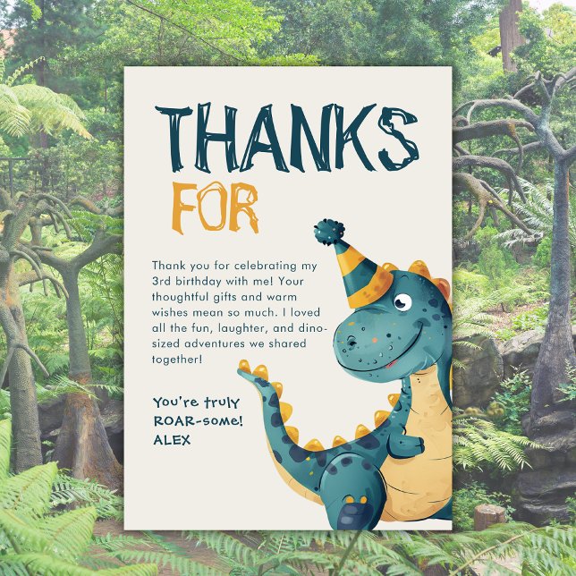 Cute Dinosaur Three Rex 3rd Birthday Party  Thank You Card (Creator Uploaded)