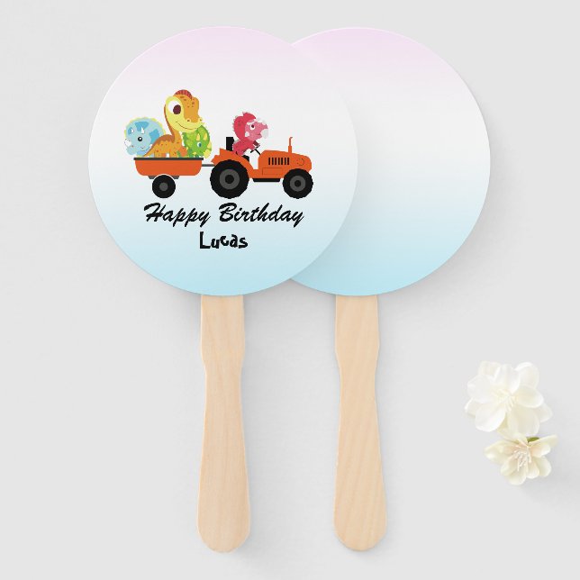 Cute dinosaur tractor boy Back To School Birthday Hand Fan (Front and Back)