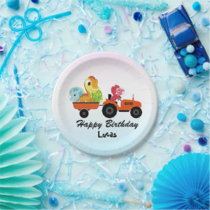 Cute dinosaur tractor boy Back To School Birthday Paper Plate
