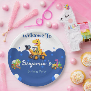 Cute dinosaur tractor dig truck balloon Birthday  Paper Plate