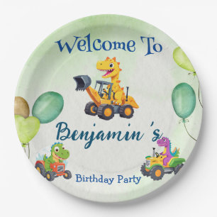 Cute dinosaur tractor dig truck balloon Birthday  Paper Plate