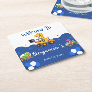 Cute dinosaur tractor dig truck balloon Birthday  Square Paper Coaster
