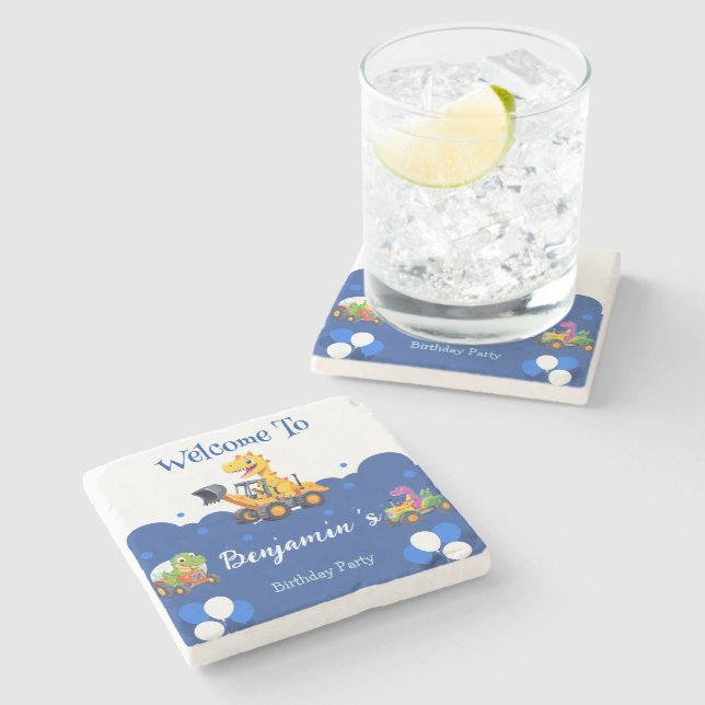 Cute dinosaur tractor dig truck balloon Birthday  Stone Coaster (Side)