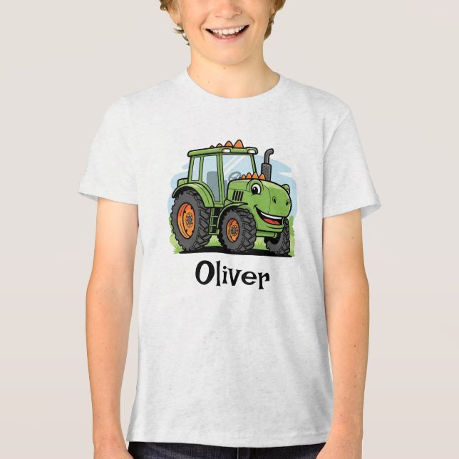 Cute Dinosaur Tractor Kids Tri-Blend Shirt (Front)