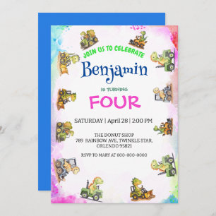 Cute dinosaur tractor Rainbow B2S School Birthday Invitation