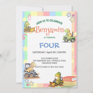 Cute dinosaur tractor Rainbow B2S School Birthday  Invitation